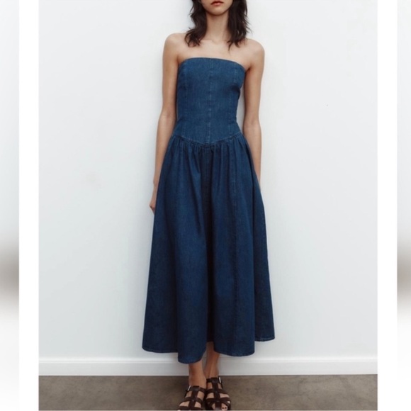 Zara ZW Collection Denim Strapless Midi Dress Size XXL NWT 6929/393 - Picture 7 of 15